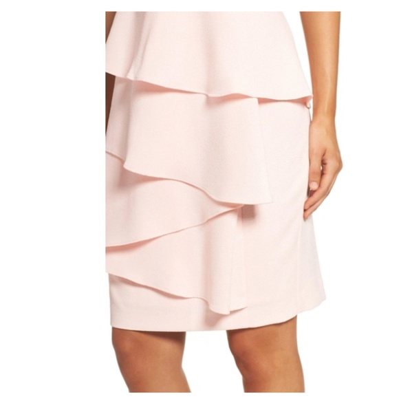 ELIZAJ Ella Ruffle Cascade Crepe Sheath Dress In Blush - Picture 3 of 14